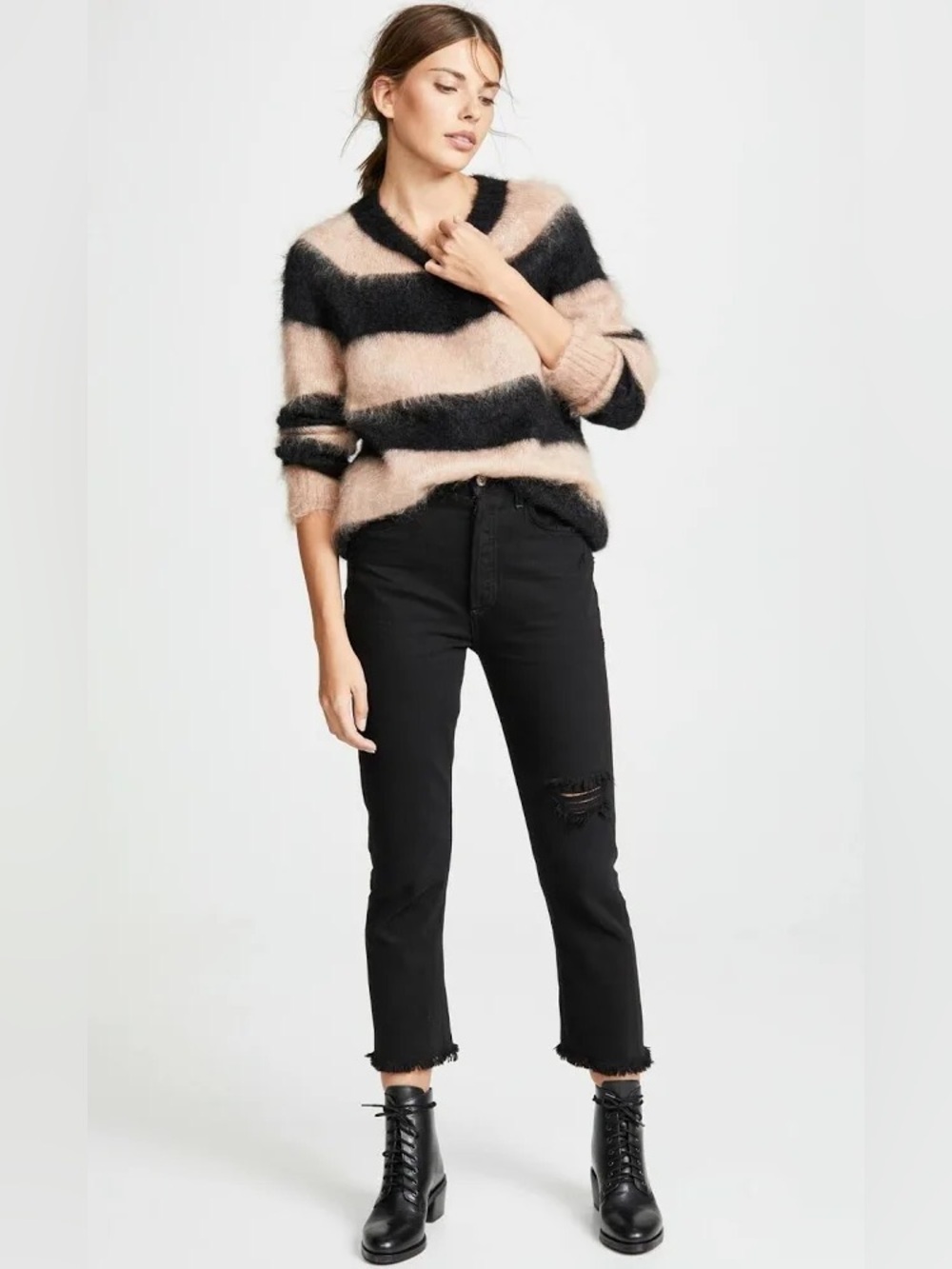 Agolde Riley High Rise Straight Crop Black Distressed Jeans, Frayed Ankle, 24